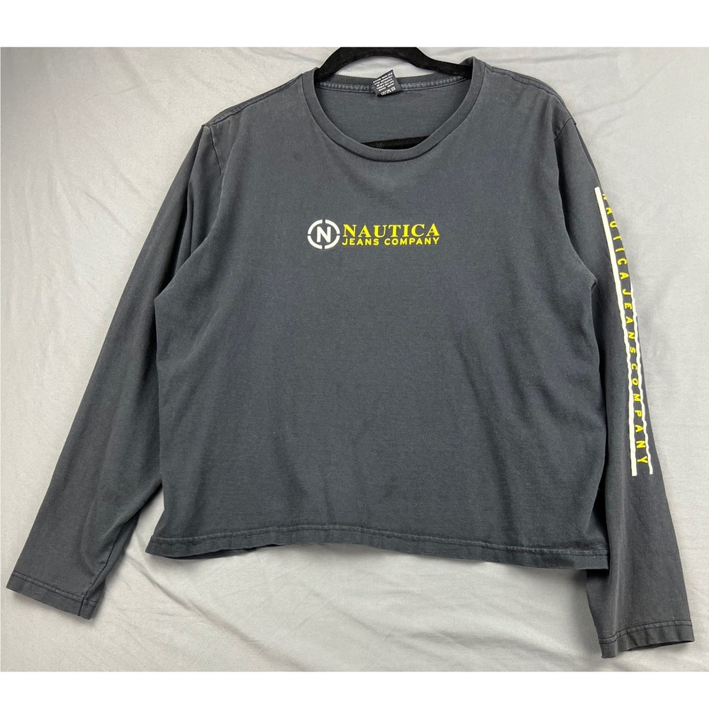 Nautica Jeans Co T-Shirt Women XL Long Sleeve Cropped Logo Black Cotton USA Good